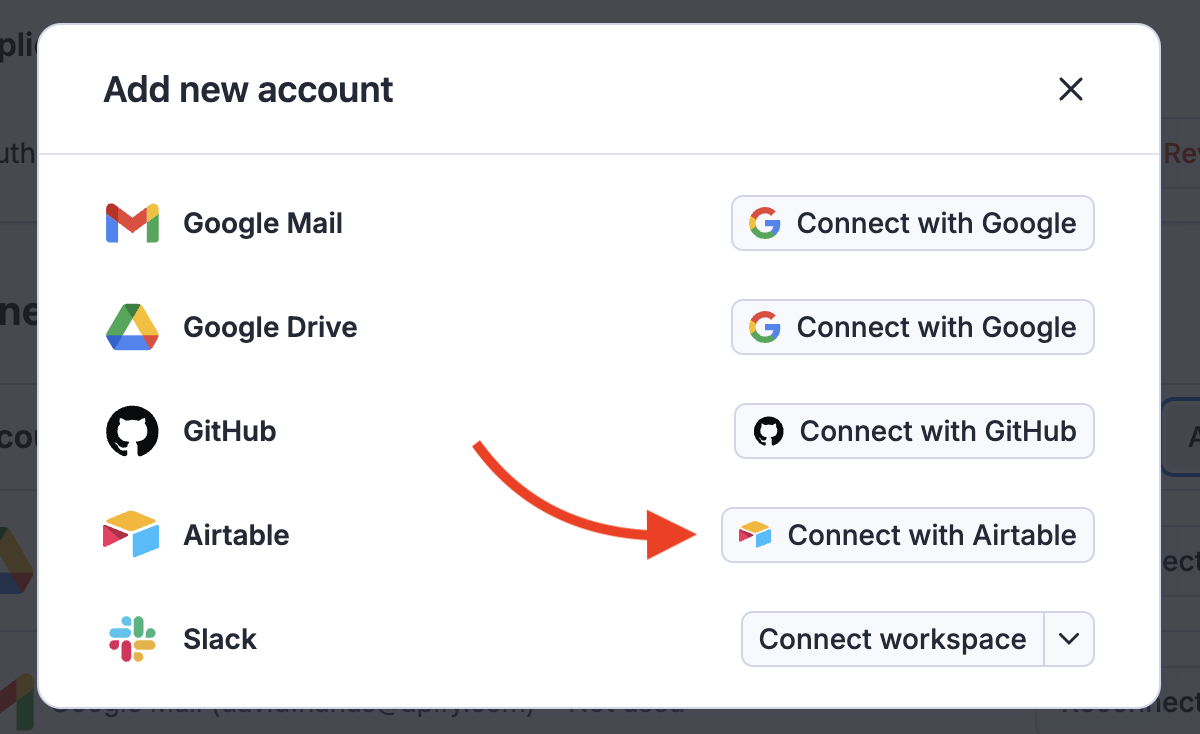 Connect with Airtable button among other buttons for connection of other available services